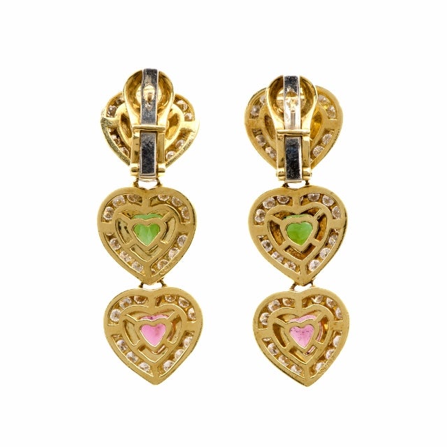 1980's Citrine Tourmaline Gold Heart Drop Earrings In Excellent Condition In Miami, FL