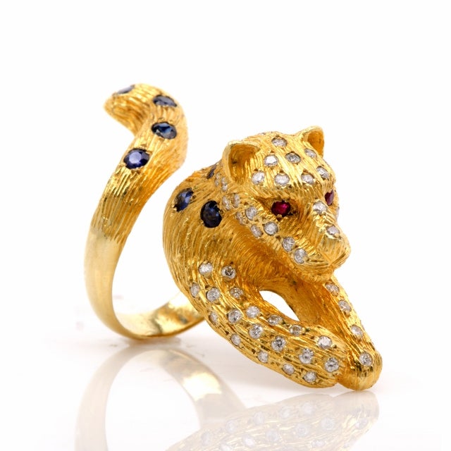 Sapphire Diamond Gold Bark Finish Panther Ring In Excellent Condition In Miami, FL