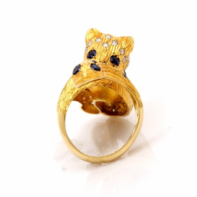 Women's Sapphire Diamond Gold Bark Finish Panther Ring