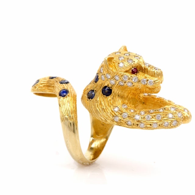 Sapphire Diamond Gold Bark Finish Panther Ring 1
