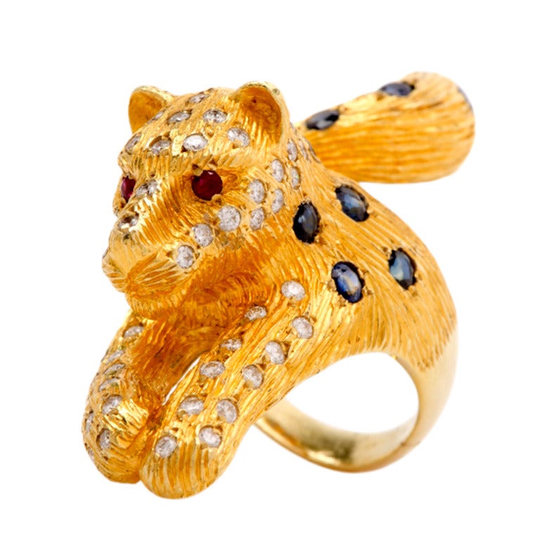Sapphire Diamond Gold Bark Finish Panther Ring