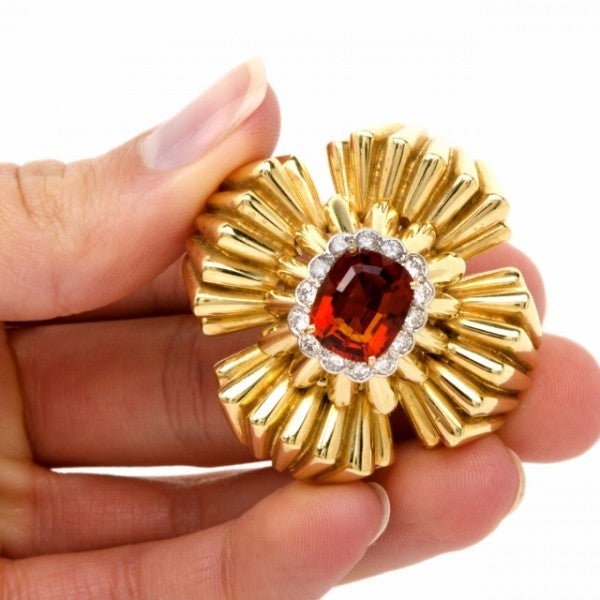 Women's 1970s Citrine Diamond Gold Lapel Brooch