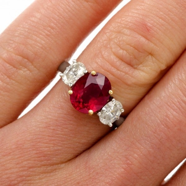 Ruby Diamond Three Stone Gold Platinum Engagement Ring 1