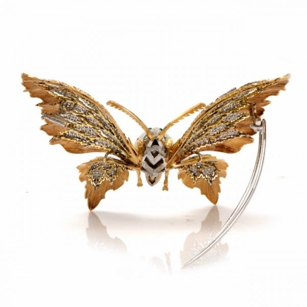Buccellati Pearl Emerald Diamond Gold Butterfly Lapel Brooch In Excellent Condition In Miami, FL