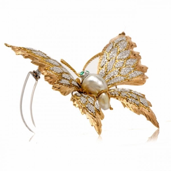 Buccellati Pearl Emerald Diamond Gold Butterfly Lapel Brooch 2
