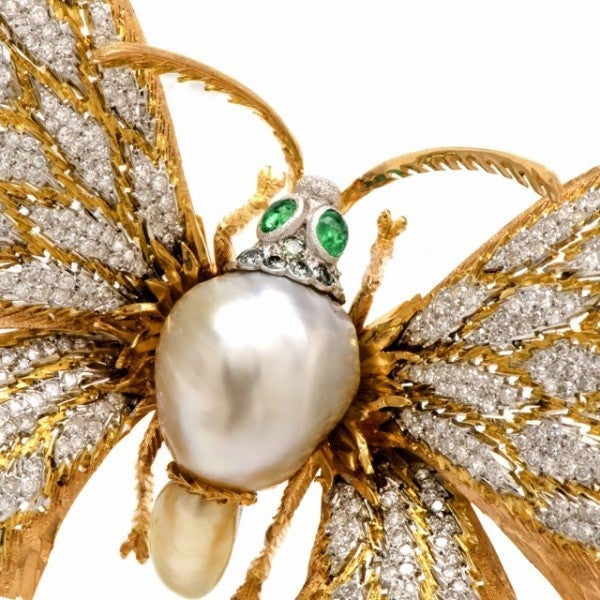 Buccellati Pearl Emerald Diamond Gold Butterfly Lapel Brooch 3