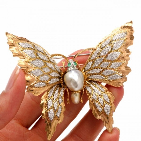 Buccellati Pearl Emerald Diamond Gold Butterfly Lapel Brooch 4