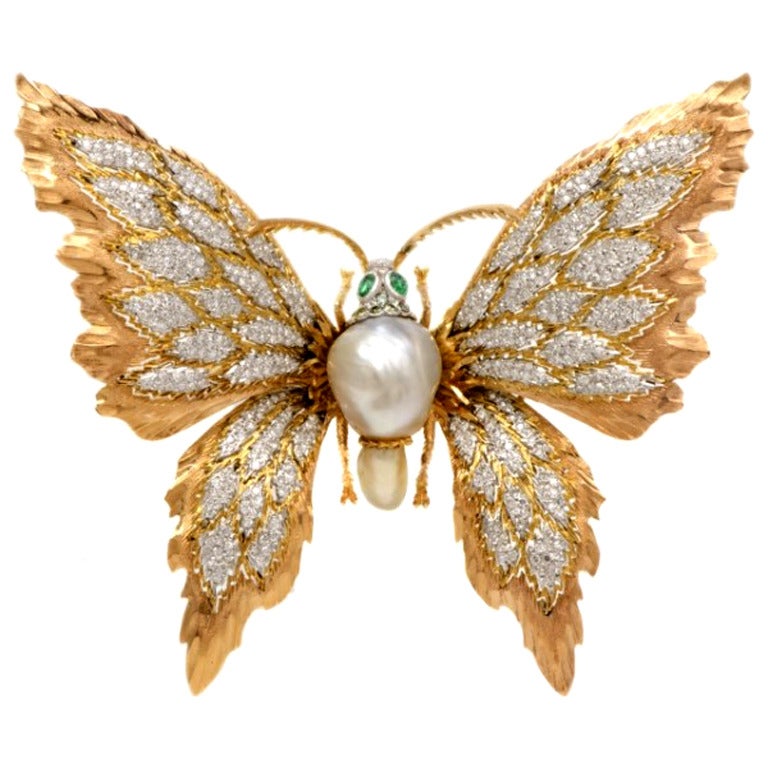 Buccellati Pearl Emerald Diamond Gold Butterfly Lapel Brooch
