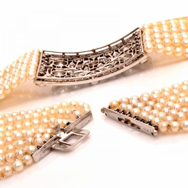 Antique Pearl Diamond Platinum Choker Necklace In Excellent Condition In Miami, FL