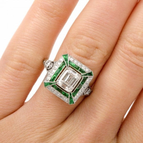 Emerald Diamond Platinum Engagement Ring 1
