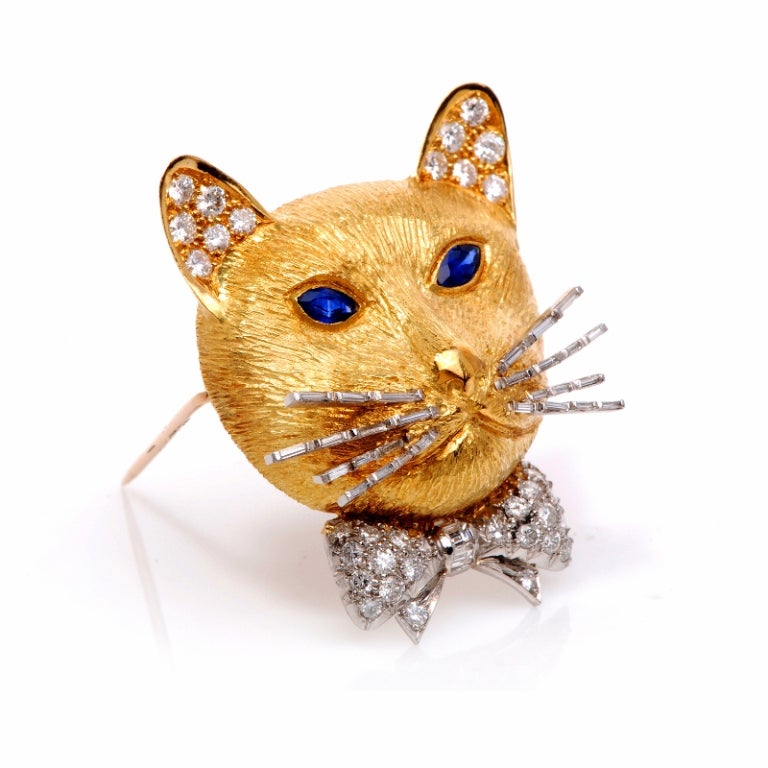 Women's English Diamond Sapphire Gold Cat Pin Brooch