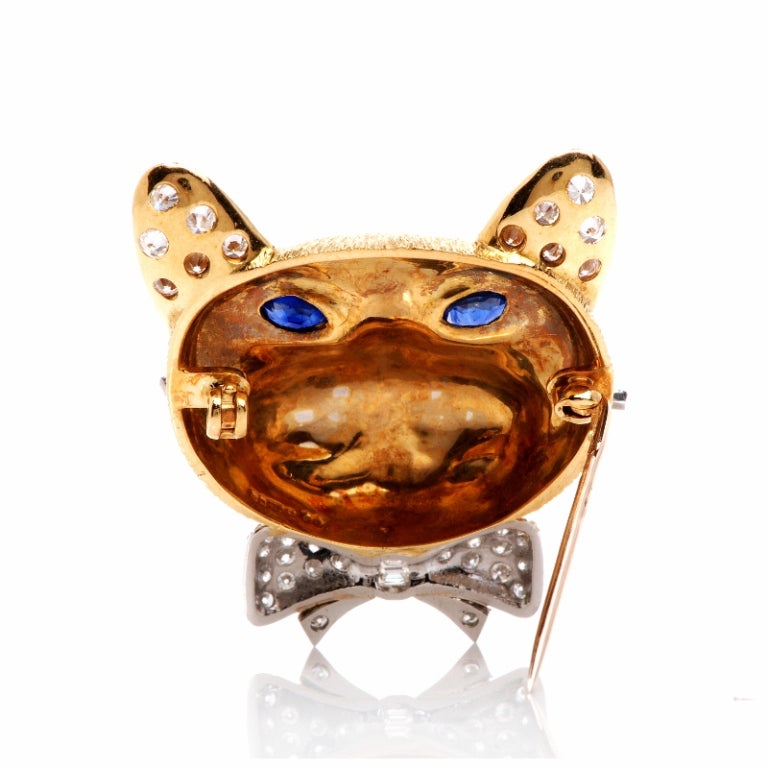 English Diamond Sapphire Gold Cat Pin Brooch 2