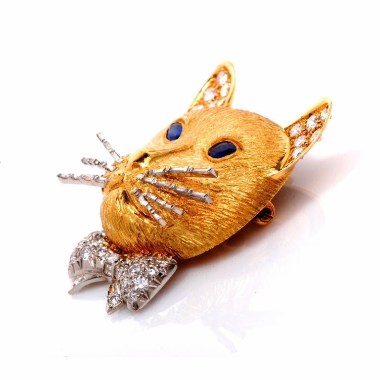 English Diamond Sapphire Gold Cat Pin Brooch 3