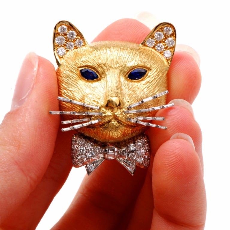 English Diamond Sapphire Gold Cat Pin Brooch 5