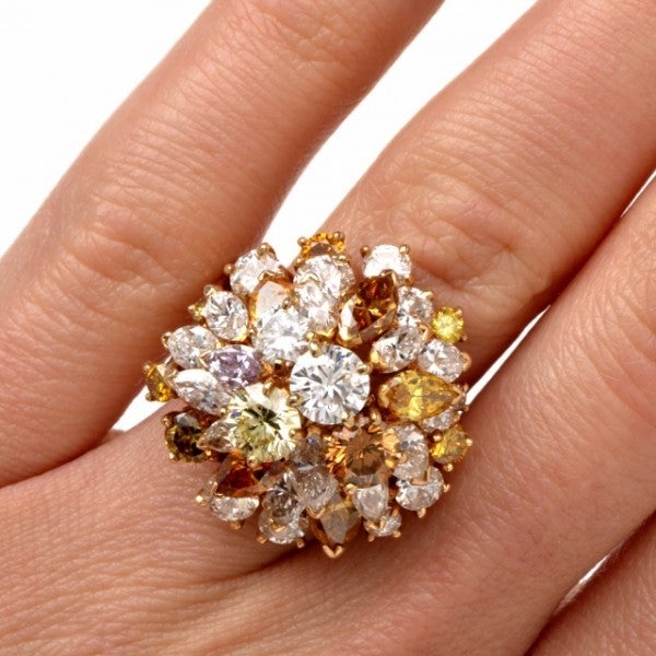 Natural Fancy Yellow, Pink & Champagne Diamond Cluster Gold Ring In Excellent Condition In Miami, FL