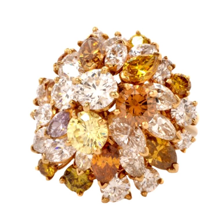 Natural Fancy Yellow, Pink & Champagne Diamond Cluster Gold Ring
