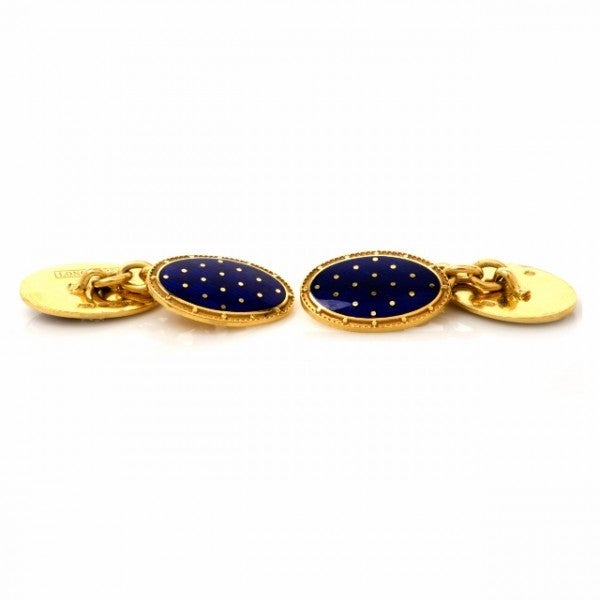 Longmire Cobalt-Blue Enamel Gold Cufflinks In Excellent Condition In Miami, FL