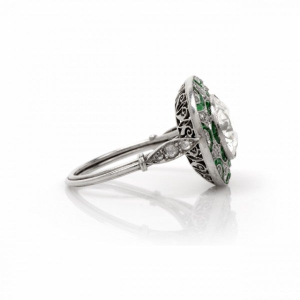 Art Deco European Diamond Emerald Platinum Engagement Ring