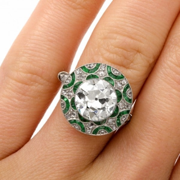 Women's European Diamond Emerald Platinum Engagement Ring