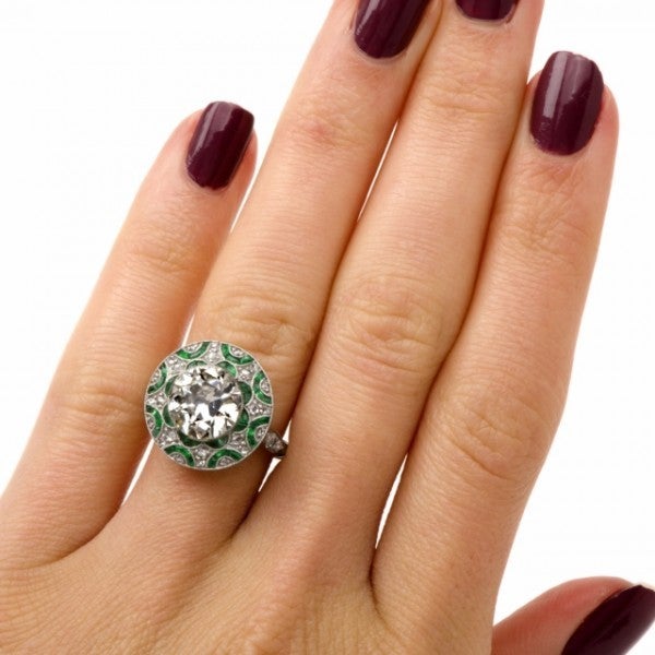 European Diamond Emerald Platinum Engagement Ring 1