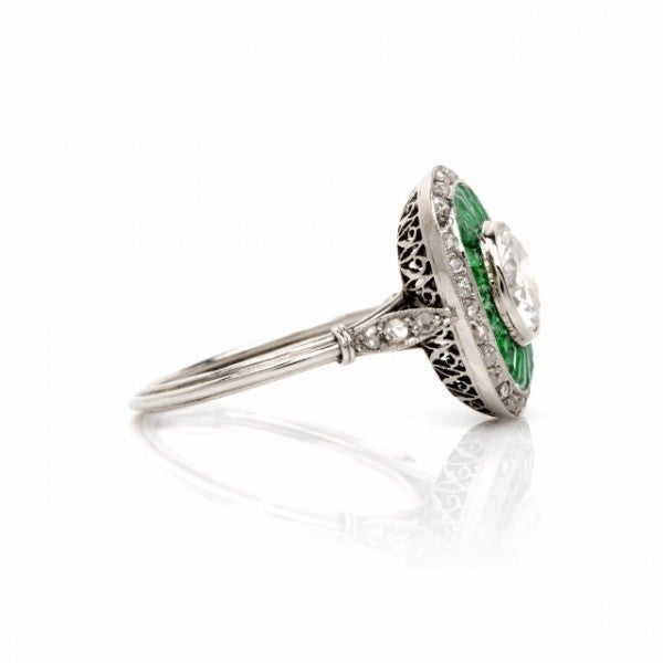 European-Cut Diamond Emerald Platinum Engagement Ring In Excellent Condition In Miami, FL