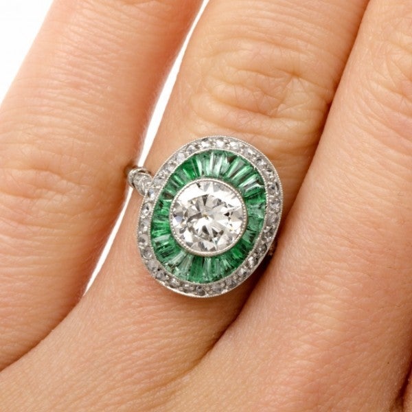 European-Cut Diamond Emerald Platinum Engagement Ring 1
