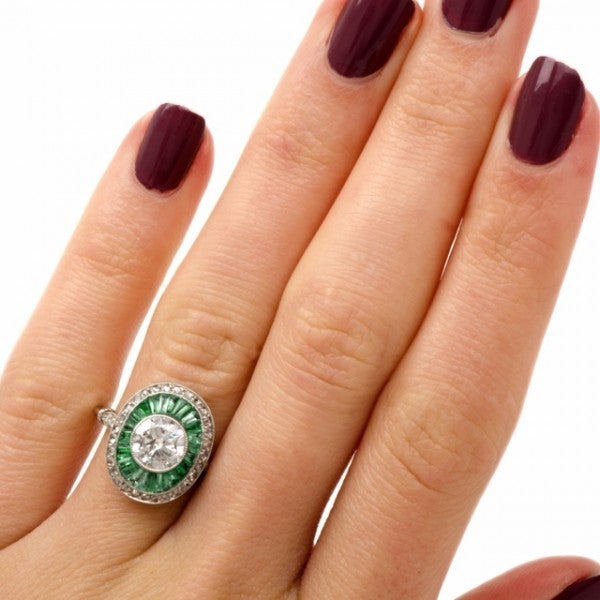 European-Cut Diamond Emerald Platinum Engagement Ring 2