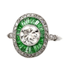 European-Cut Diamond Emerald Platinum Engagement Ring
