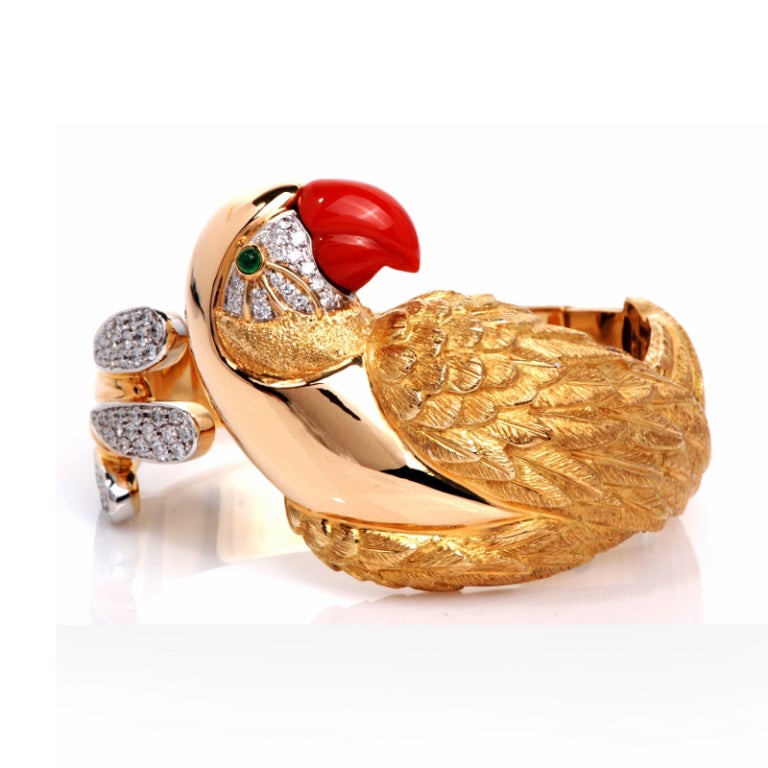 Women's Diamond Red Coral Parrot Gold Cuff Bracelet