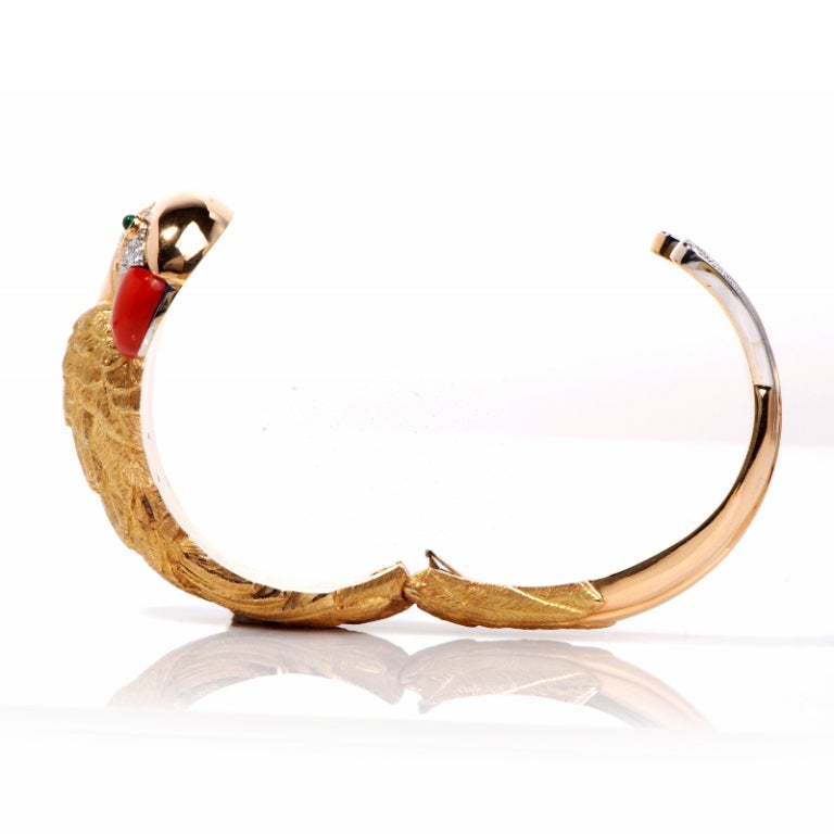Diamond Red Coral Parrot Gold Cuff Bracelet 2