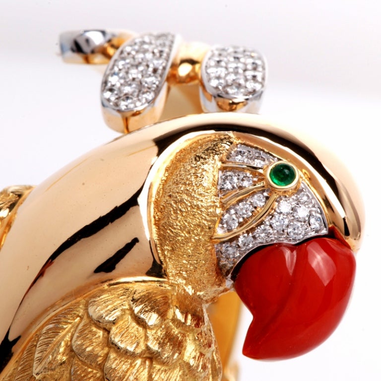 Diamond Red Coral Parrot Gold Cuff Bracelet 3