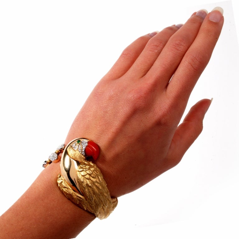 Diamond Red Coral Parrot Gold Cuff Bracelet 5
