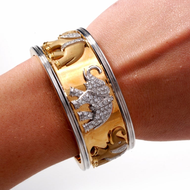 Heavy Elephant Diamond Gold Wide Bangle Cuff Bracelet 1
