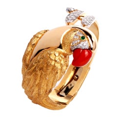 Diamond Red Coral Parrot Gold Cuff Bracelet