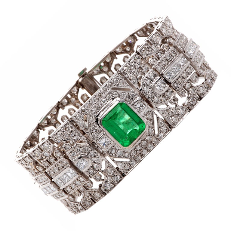 33.00ct Diamond Emerald Wide Gold Bracelet at 1stdibs
