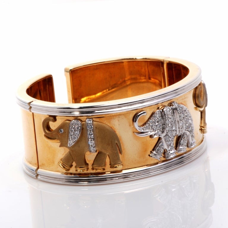 Heavy Elephant Diamond Gold Wide Bangle Cuff Bracelet In Excellent Condition In Miami, FL