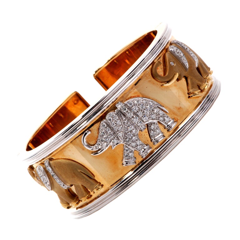 Heavy Elephant Diamond Gold Wide Bangle Cuff Bracelet