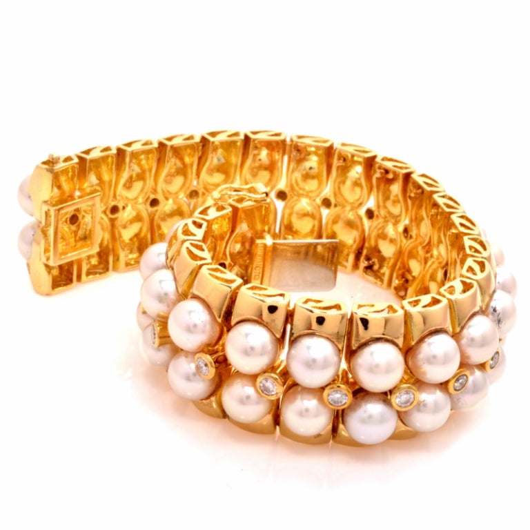 Mikimoto is known for highest quality in pearl jewelry with high lustrous shine and perfect symmetry. This fabulously elegant and glamorous bracelet is a masterful piece of craftsmanship. Finely crafted in solid 18K yellow gold, it is accented with