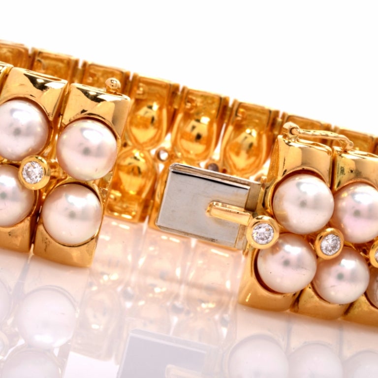 Mikimoto Pearl Diamond Gold Wide Bracelet In Excellent Condition In Miami, FL