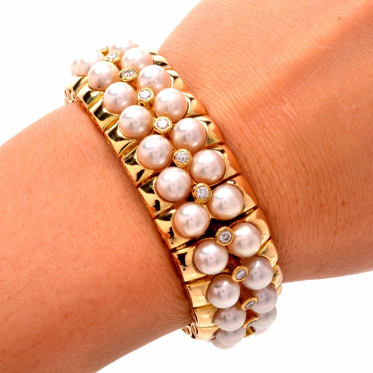 Mikimoto Pearl Diamond Gold Wide Bracelet 1