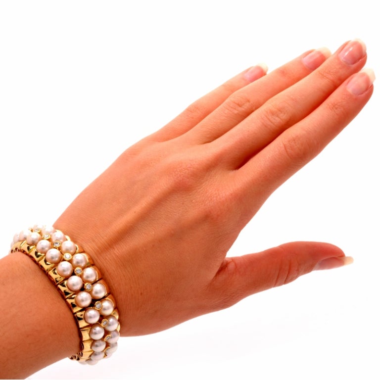 Mikimoto Pearl Diamond Gold Wide Bracelet 2