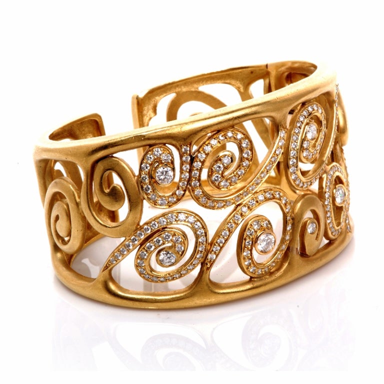 Wide Diamond Gold Heavy Swirl Cuff Bracelet Signed Mdvi