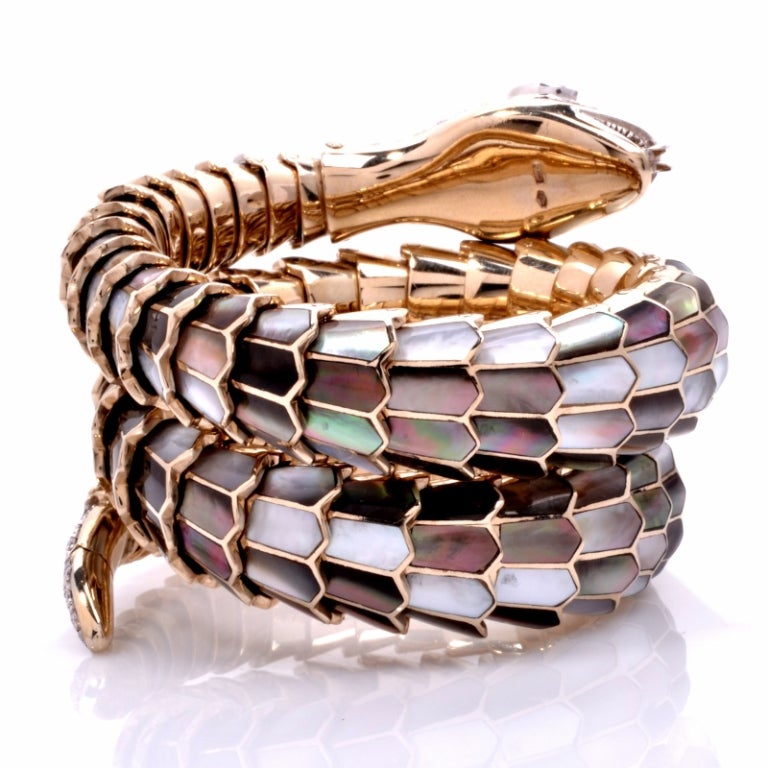 Diamond Moonstone Mother of Pearl Gold Snake Bracelet 1