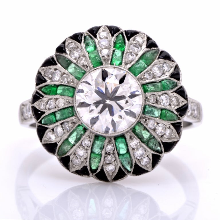2.55cts Diamond Emerald Onyx Platinum Cocktail Ring