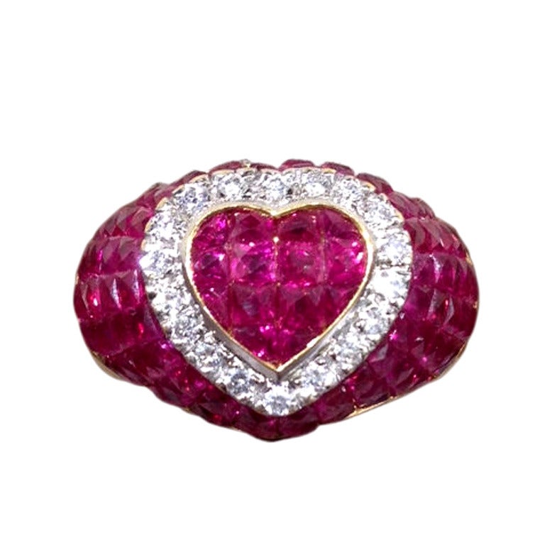 Invisible set Ruby and Diamond Heart Bombe Style Ring