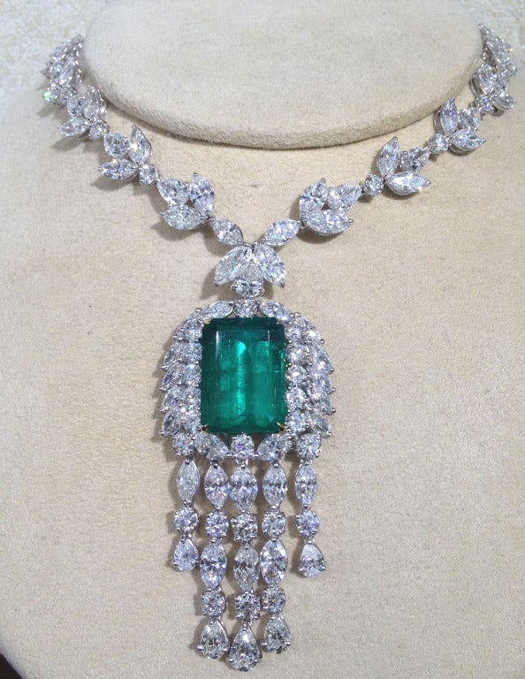Important and Rare 20.98 carat Emerald Cut, GIA Certified, Colombian Emerald, set in a 63.06 carat F-G color VS clarity diamond platinum necklace. A gorgeous piece to add to any collection.