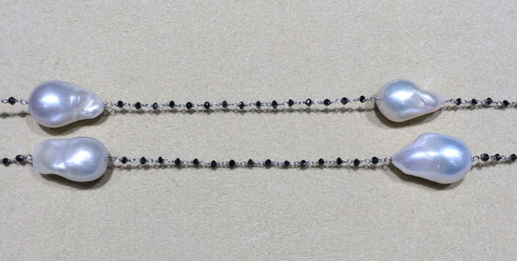 Baroque Pearl Black Diamond Long Chain Necklace In Excellent Condition In New York, NY