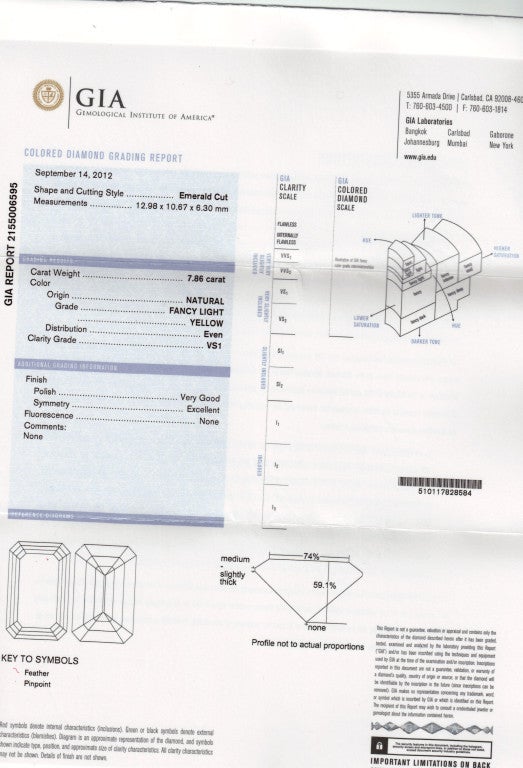 
A magnificent diamond! Looks like a 10 carat stone and full of brilliance!!

GIA certified 7.86 carat Fancy Light Yellow Emerald cut diamond set in platinum with .50 carats of step cut trapezoids on each side. 

Emerald cut yellow diamonds are