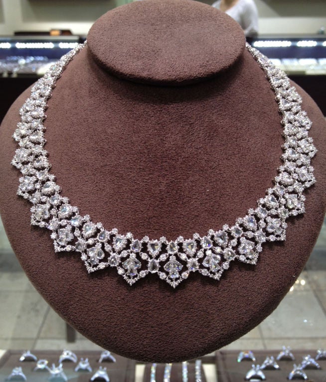 37.65 carats of beautiful white diamonds set in 18k white gold. 

The necklace is handmade in a mesh style setting. 

Very elegant and classic design.

16 inch length