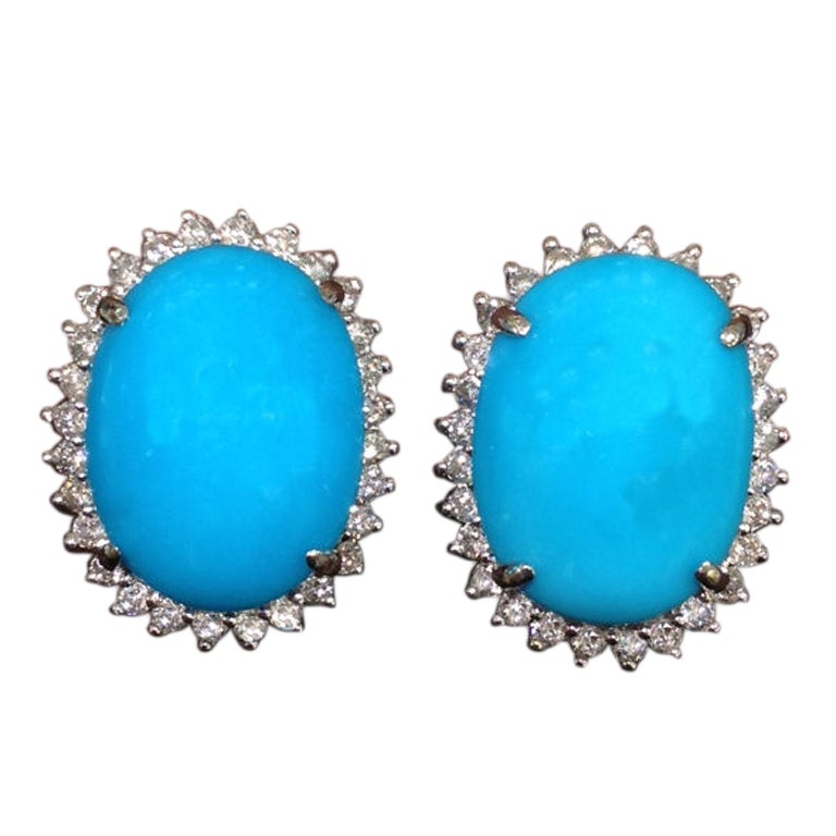 Classic Turquoise and Diamond French Clip Earrings